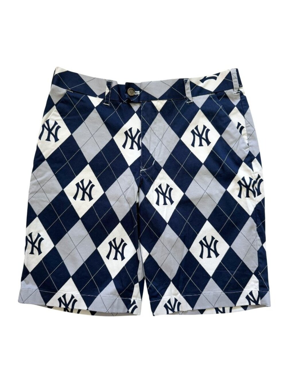 Loudmouth Size 34 NY New York Yankees Argyle Pattern Golf Shorts Navy Blue White